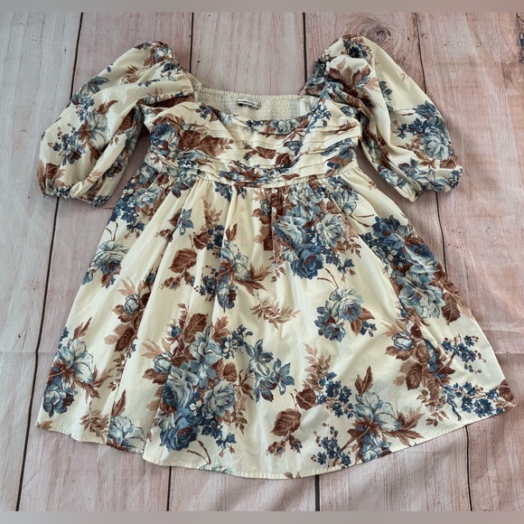 Abercrombie Fitch Emerson Poplin Puff Sleeve Mini Dress Cream Floral Size XL - Picture 8 of 8